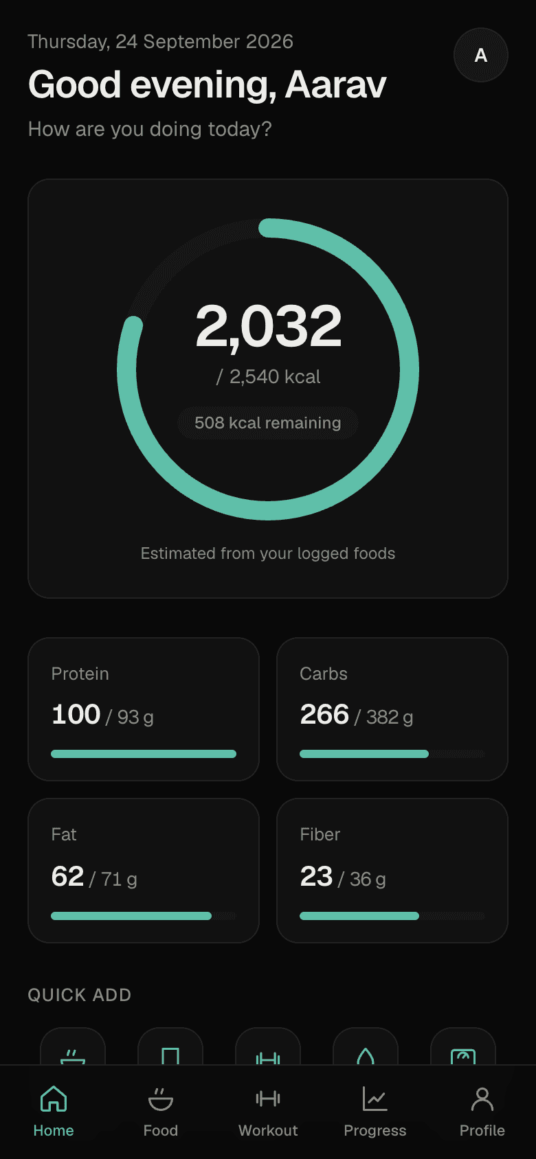 Home screen with today's calories, macros and quick add