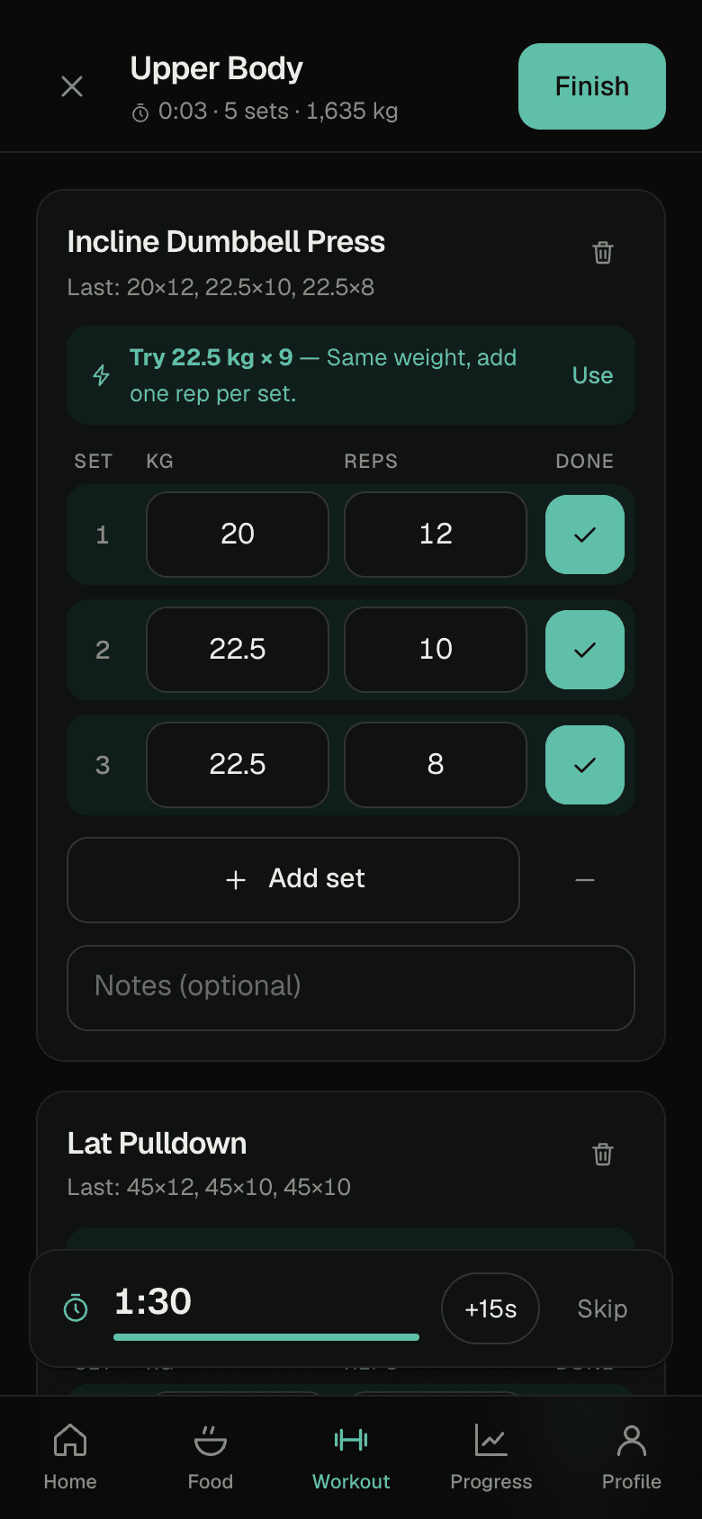 Workout logger with sets and a rest timer