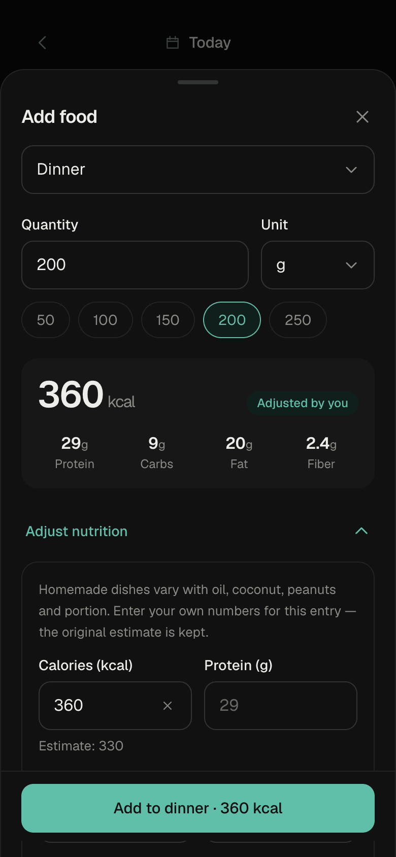 Adding 200 g Telangana Chicken Curry, adjusted by the user from an estimated 330 kcal to 360 kcal
