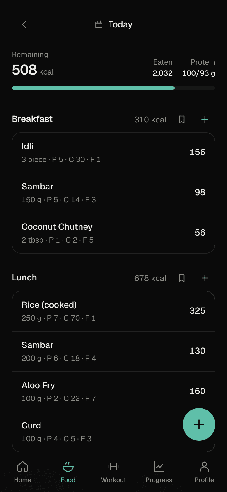 Food log for today: breakfast and lunch with calories and macros