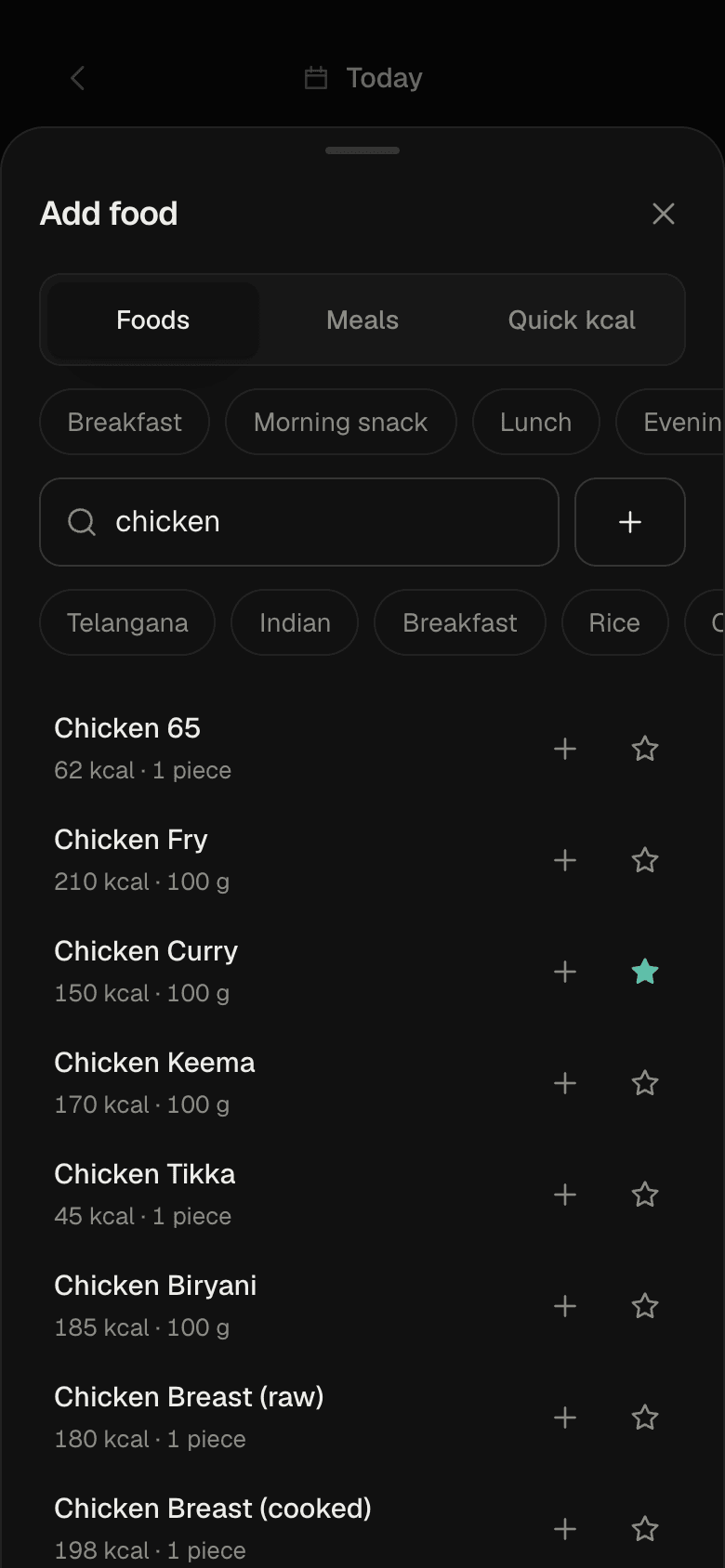 Searching “chicken” lists Chicken 65, Chicken Fry, Chicken Curry and more with calories per portion