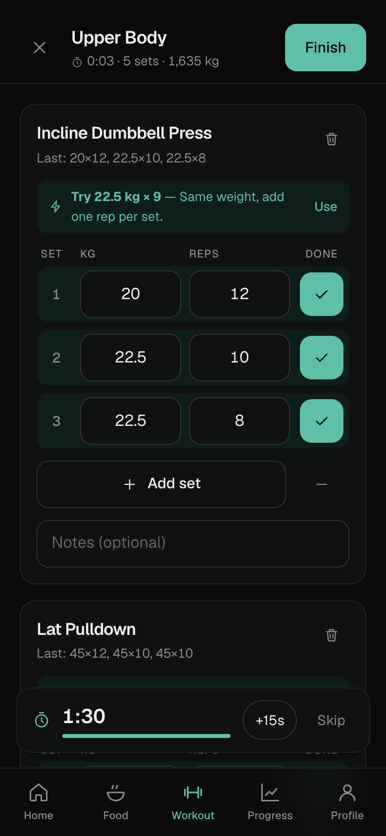 Workout logger: Incline Dumbbell Press sets with a progression suggestion and a rest timer